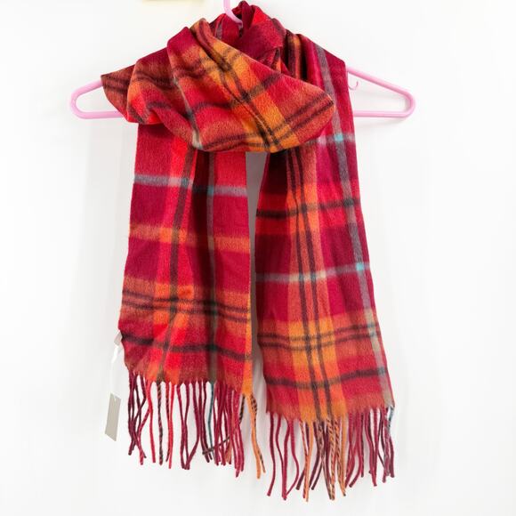 Nordstrom Scarf 100% Cashmere NWT Fringe Plaid Luxury Red Orange Winter Cozy - Picture 1 of 14